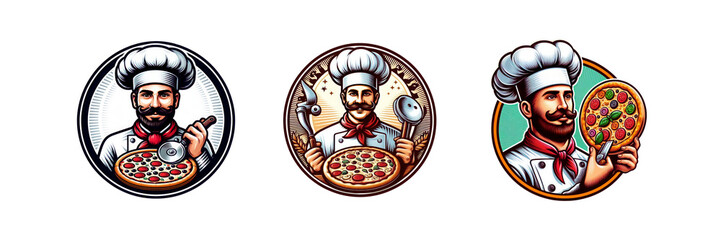 Wall Mural - Set of Pizza Chef restaurant clipart logo illustration, isolated over on transparent white background