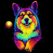 A Pembroke Welsh Corgi dog. Abstract, neon, color, watercolor image of a dog running after a ball.