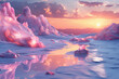 landscapes, crystal mountains, pink mountains, and beautiful streams. Sunset on the sky background