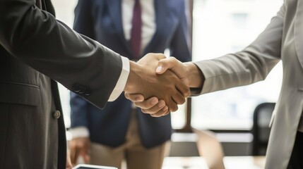 Male handshake, deal concept. People in suits shake hands.