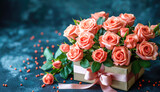 Fototapeta Panele - Beautiful bouquet of roses in gift box