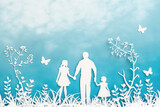 Fototapeta Panele - Paper cut of family on blue background