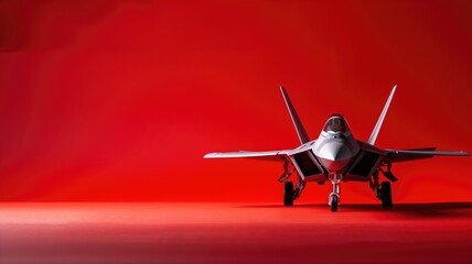 A model fighter jet on a striking red background with ample copy space
