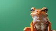 A close-up portrait of a brown and orange frog with prominent eyes on green background