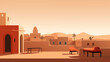 © FlyStun - Illustration flat design d'un riad au Maroc, dans le désert du Sahara. Habitation, architecture, paysage. Chaleur, douceur, calme. Pour conception et création graphique.