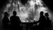 © A Stock Studio - Black and white illustration of a secret meeting, a group of business people sitting at a table in the smoke. Mafia. Silhouettes of office workers.