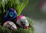 Fototapeta Storczyk - cooked and colorful Easter eggs and hen eggs as food or decoration
