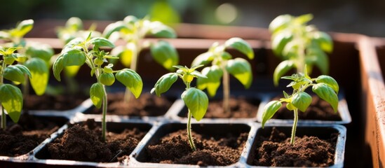 Wall Mural - Tray filled with small, budding seedlings showcasing vibrant green leaves and stems