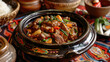 Stewed meat with pieces of vegetables and fresh herbs