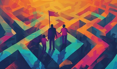 Navigating the Maze: A family of three silhouettes stands on a vibrant, abstract maze, representing the challenges and paths of life. The father leads with a flag, symbolizing guidance and hope.  