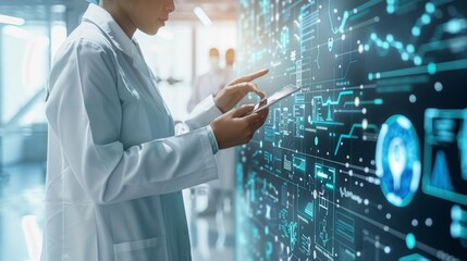 doctor in clinic and modern interactive panel.