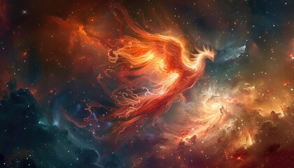 Wall Mural - A fiery bird is flying through a cloudy sky by AI generated image