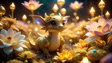 Cute Gold Dragon In The Glowing Flower Garden, A Fantasy Land