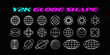 Y2K geometric globes with orbital lines, vector contour shapes for retro-futuristic 2000s design