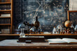 A science lab with a blackboard and a microscope. The blackboard has a lot of equations and diagrams on it. The lab is filled with books and other scientific equipment. Generative AI