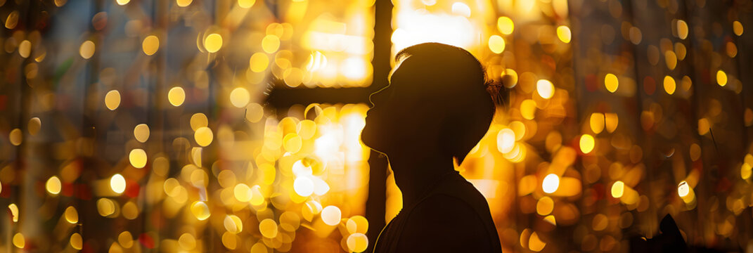 Silhouette of worshiper praying in front of cross symbol made of shining light