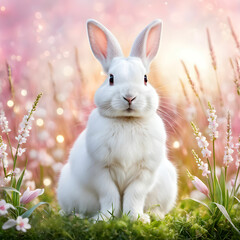 Cute white rabbit is sitting on grasses with little spring flowers on a bright light and blurred shimmering background. Realistic fancy style