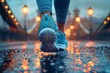 Close-up of a person's running shoes, highlighting the reflective pavement on a rainy day
