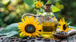 Organic sunflower oil in a small glass jar. Sun flower oil