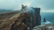 A model perched atop a windswept cliff, their dramatic cape billowing in the wind, embodying the fierce spirit of adventure and exploration in fashion