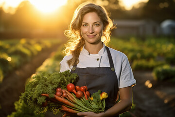 Poster - Generated with AI picture of woman growing natural organic vegetables on own farm