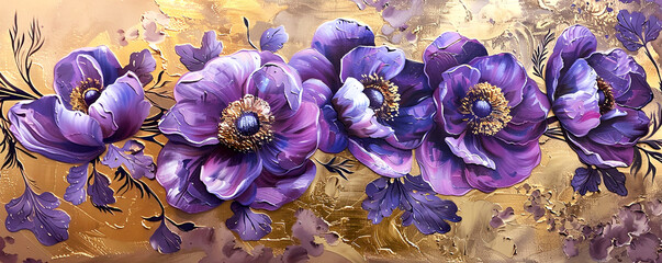 Wall Mural - Violet anemone blossom oil painting. Banner with beautiful spring flower.