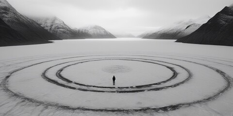 Wall Mural - A person is walking across a frozen lake