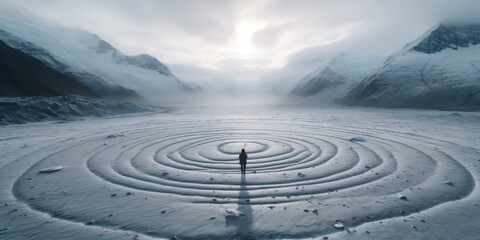 Wall Mural - A person is walking across a frozen lake