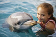 Dolphin performance in dolphinarium aquapark best friends with people swimming together Generative AI picture