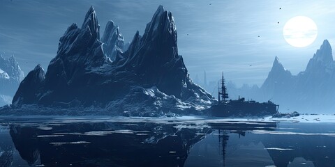 Wall Mural - A large ship was sailing in the ocean near the ice mountains