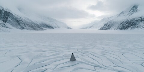 Wall Mural - Amidst the frozen stillness of a lake, a person strides confidently, their steps echoing in the crisp winter air.