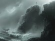 Rugged cliffs against a stormy sea