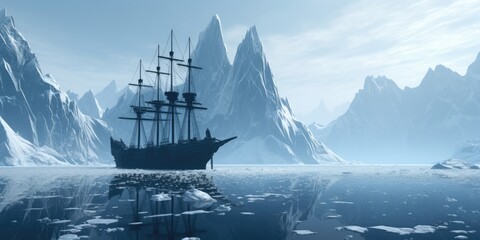 Wall Mural - A large ship was sailing in the ocean near the ice mountains