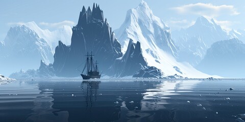Wall Mural - A large ship was sailing in the ocean near the ice mountains