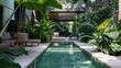 A lush green garden with a pool and a patio area