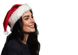 Fototapeta  - Woman in santa hat. Close-up of smiling woman in dark shirt and Santa hat looking sideways on light transparent background. Christmas elements.