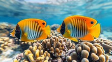 Pair Of Yellow Striped Fish Swimming Near Coral Reef Underwater