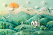 Beautifully crafted paper art landscape featuring wind turbines amid rolling hills, under a pastel sky at sunrise..