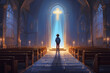 Little christian boy standing alone in the church altar, light rays coming through the window