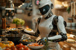 A futuristic robot chef preparing a meal with fresh vegetables in a steamy, modern kitchen environment.