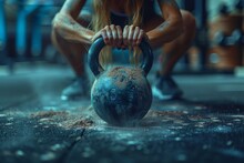 Intense Workout Captured In A Photo Showing A Focused Athlete's Hands Gripping A Weathered Kettlebell