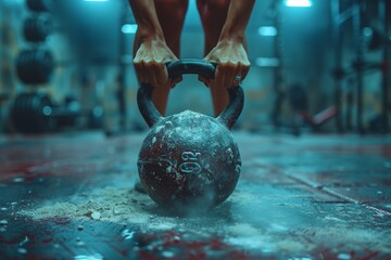 Poster - A powerful close-up shot of a dusty kettlebell on the floor, symbolizing strength, endurance, and the rugged atmosphere of a workout space