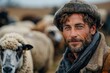 An authentic portrait of a shepherd with a sheep in focus, suggesting rural life and animal care