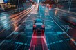A self-driving car equipped with sensors autonomously drives down a city street illuminated by the glow of urban lights at night