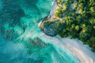 Wall Mural - This aerial view shows a tropical beach with palm-fringed shores meeting the crystal-clear waters of the ocean, showcasing the beauty of coral reefs below