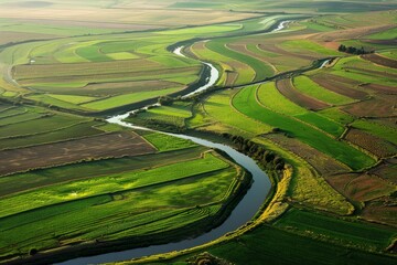 Wall Mural - A river flows through a vibrant green countryside with rolling hills and lush vegetation under a clear blue sky