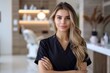© radekcho - Portrait of beautiful woman in medical black uniform standing with arms crossed. Working as beauty therapist and skin care professional, modern spa salon on background.