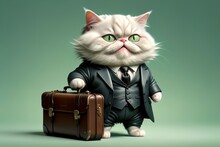 Cat Boss In A Formal Business Suit With A Briefcase, Isolated On A Green Background