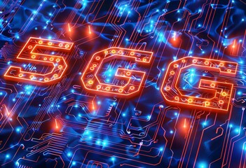 Fototapete - Futuristic microchip with glowing 5G connectivity symbol on a circuit board background