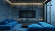 Blue sofa facing television. Modern living room interior design with concrete wall in a minimalist loft home.